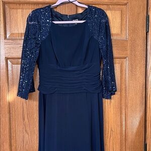 SLNY Navy Sequin Lace Sleeve Long Dress